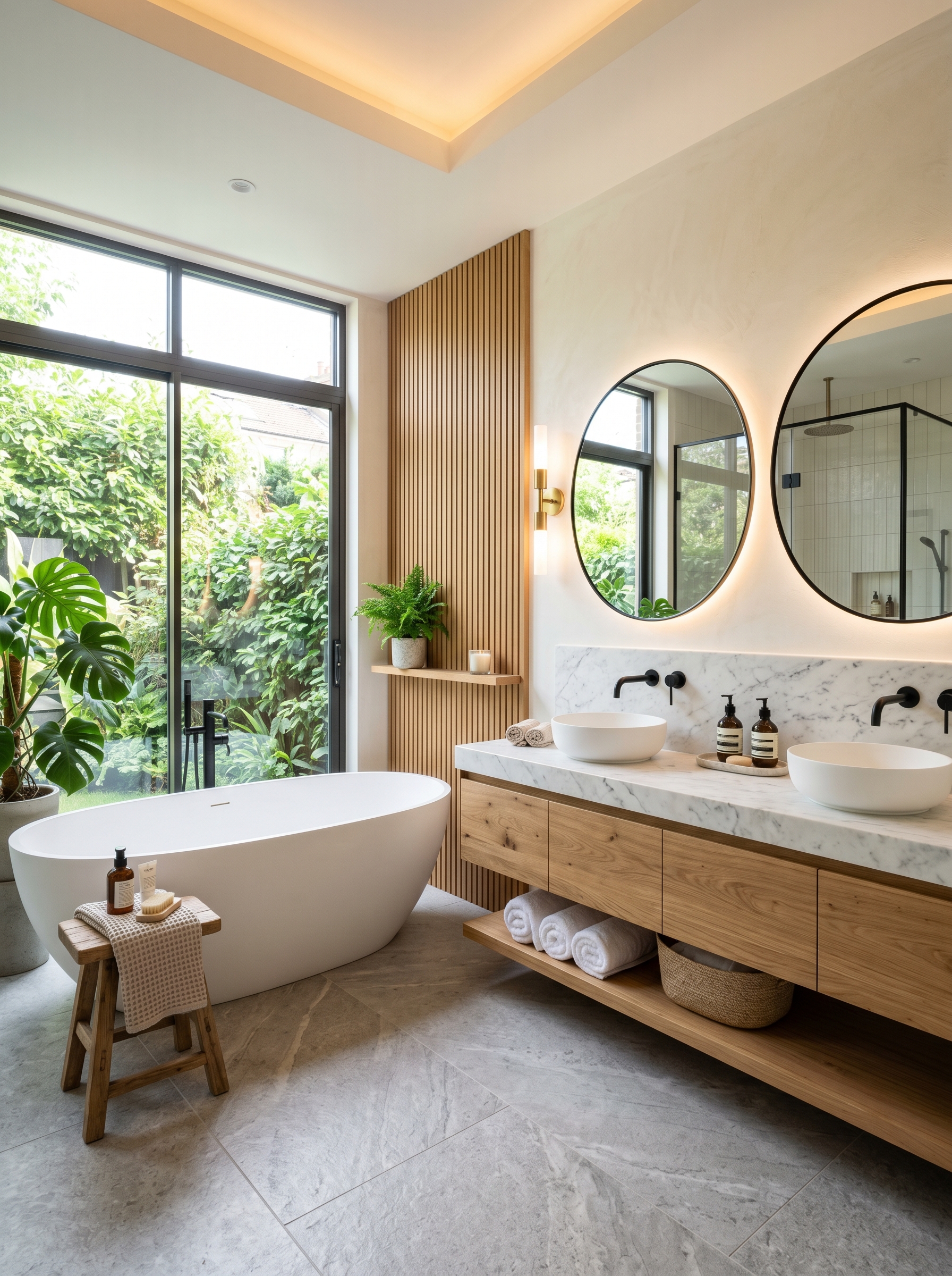 Light-filled bathroom with shiplap accent wall, built-in shelving, and clawfoot tub