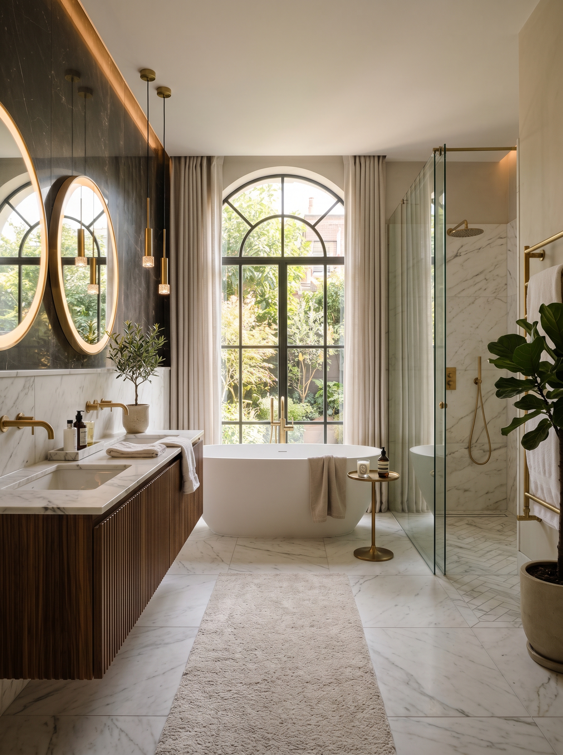 Modern bathroom with matte black hardware, terrazzo tile floor, and backlit mirror