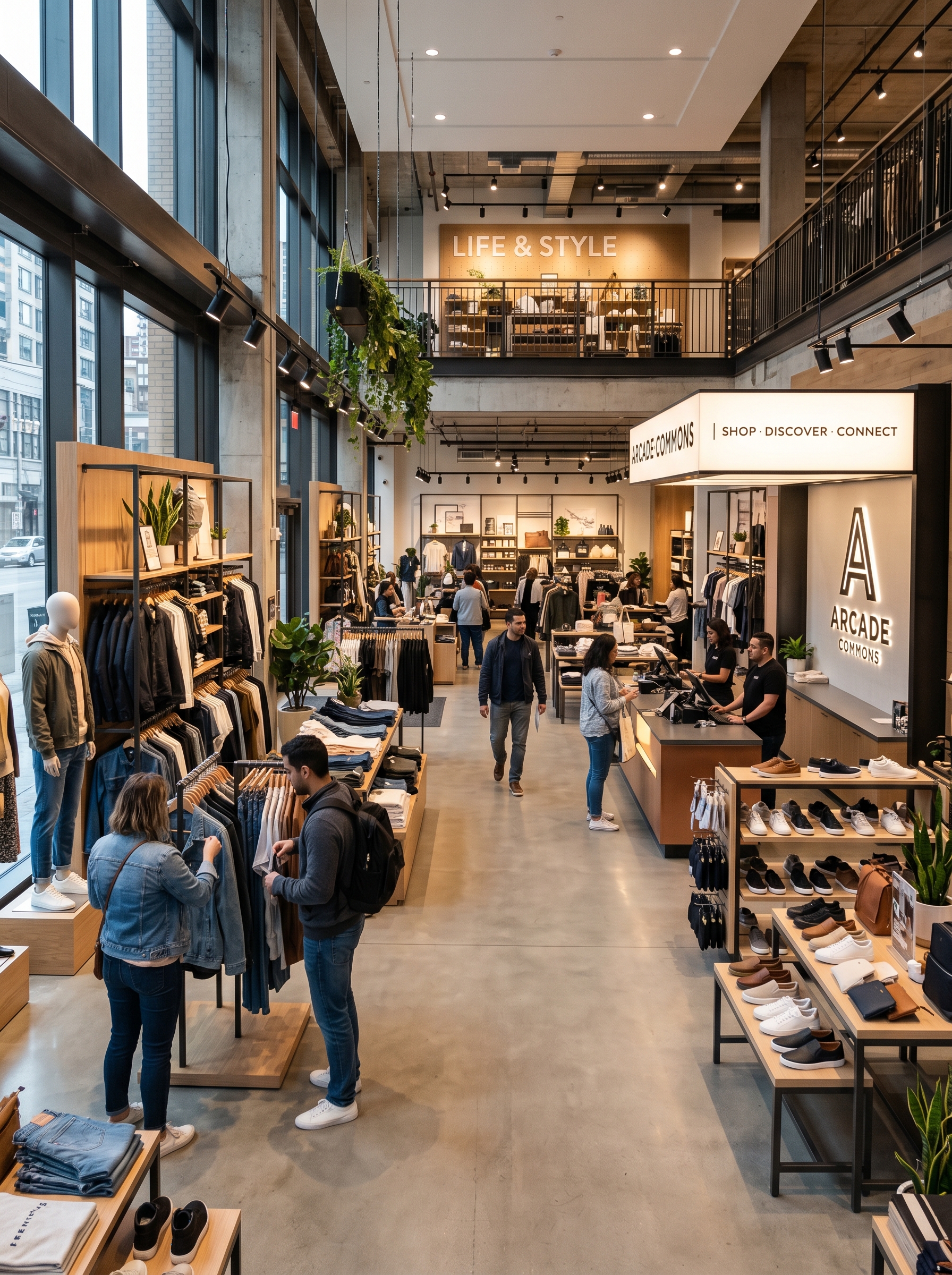 Upscale retail boutique with floating display shelving, warm oak fixtures, and editorial lighting