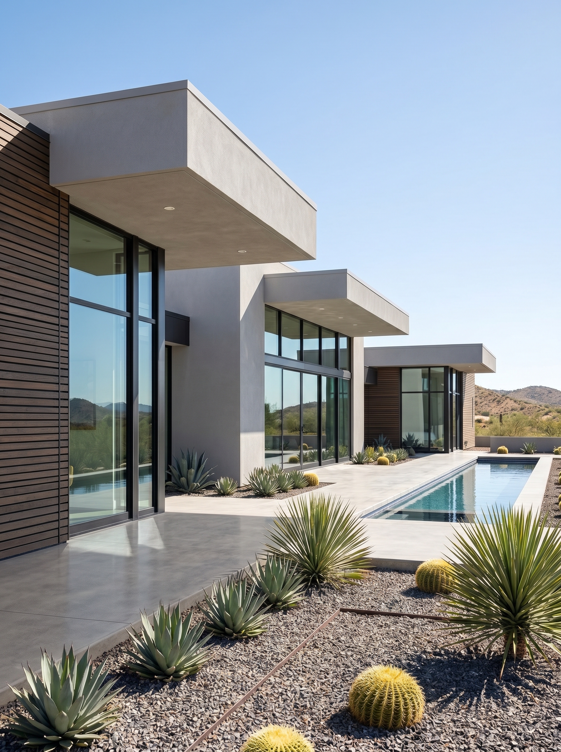 Contemporary exterior renovation with horizontal lap siding, flat roof addition, and drought-resistant plantings