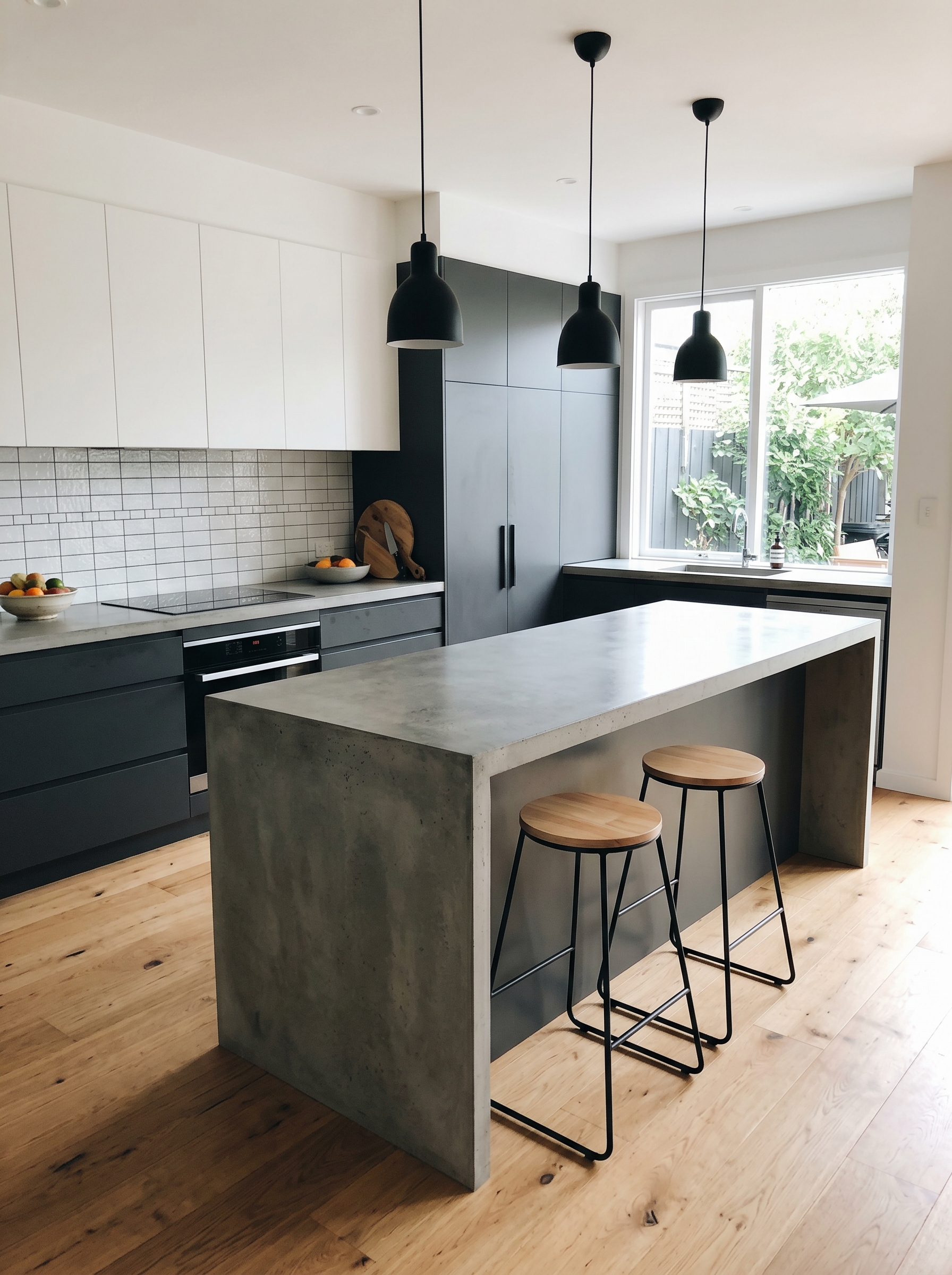 Contemporary galley kitchen with matte black fixtures, floating shelves, and herringbone tile floor