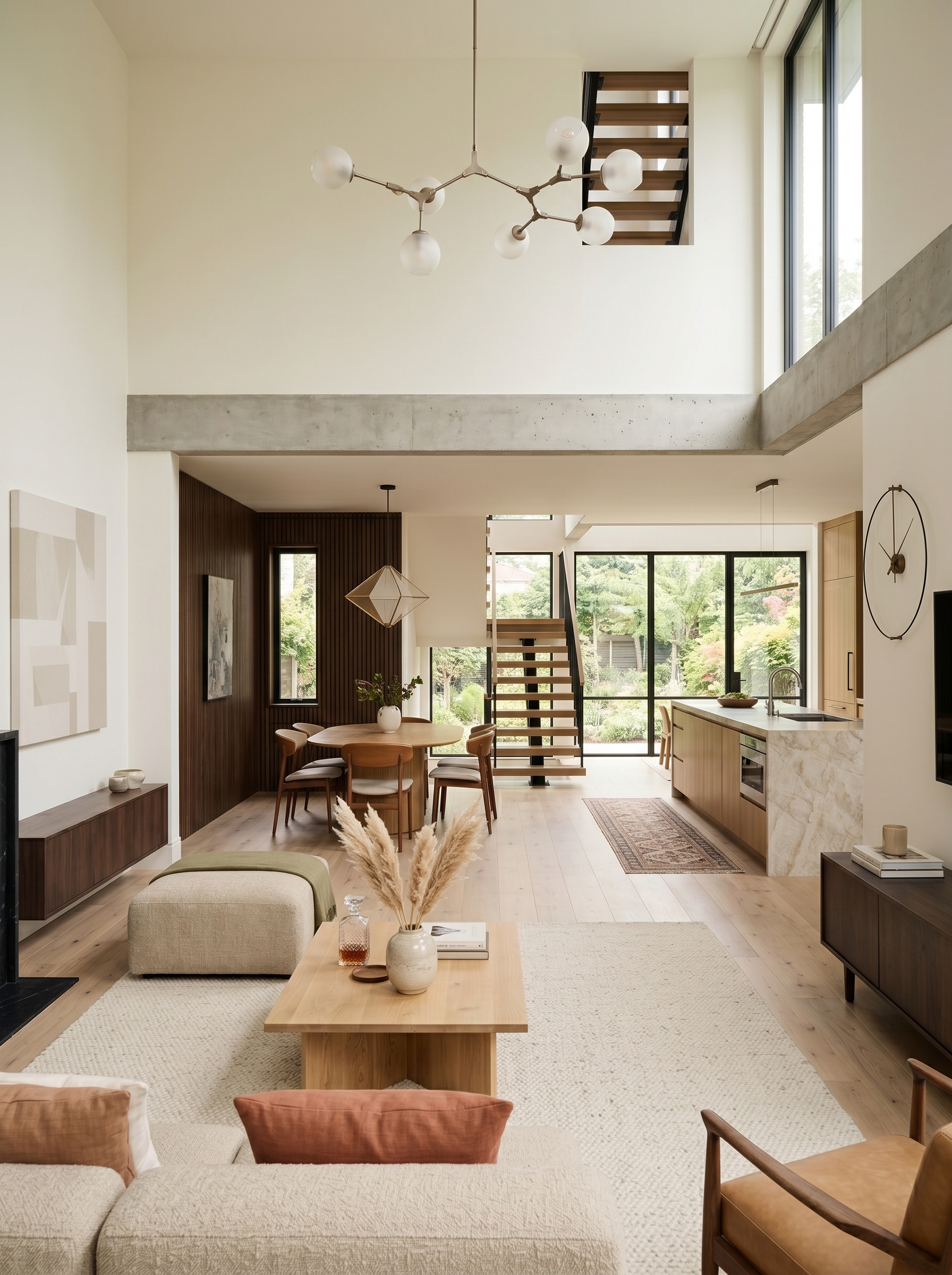 Minimalist living room with low-profile sofa, sculptural pendant light, and abstract art