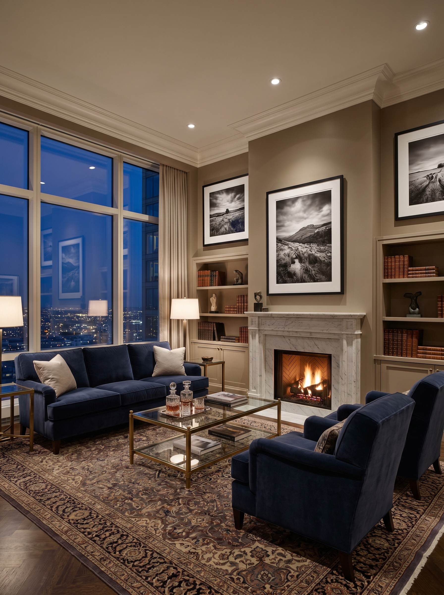 Open-plan living space with floor-to-ceiling windows and cream upholstered seating