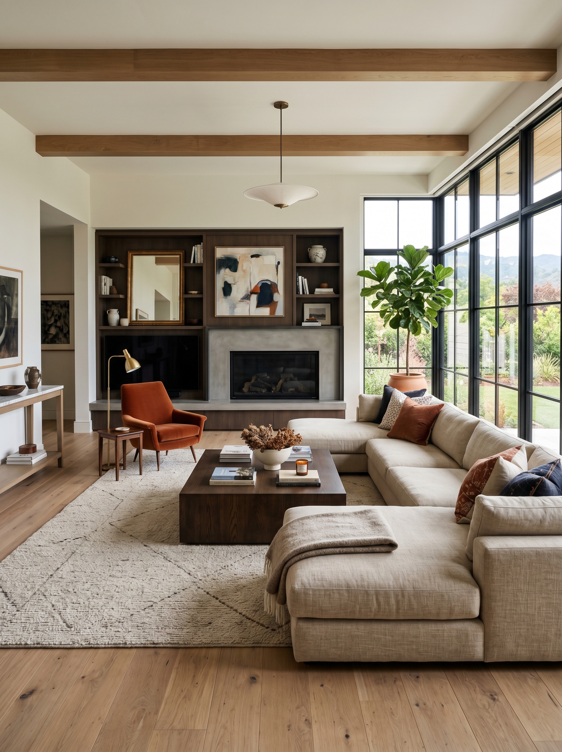 Contemporary living room with dark accent wall, velvet chairs, and brass light fixtures